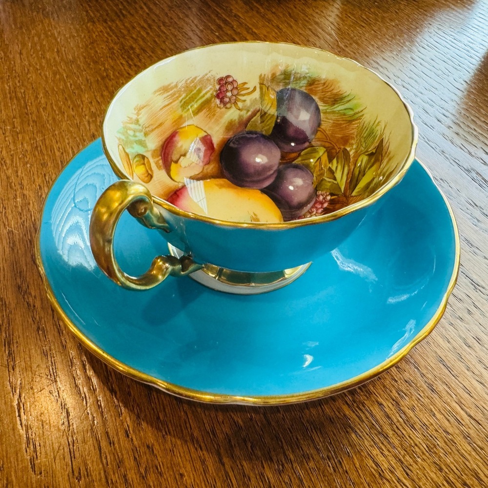 Aynsley Tea Cup and Saucer Fruit Orchard Teal/Aqua Signed D Jones **READ**